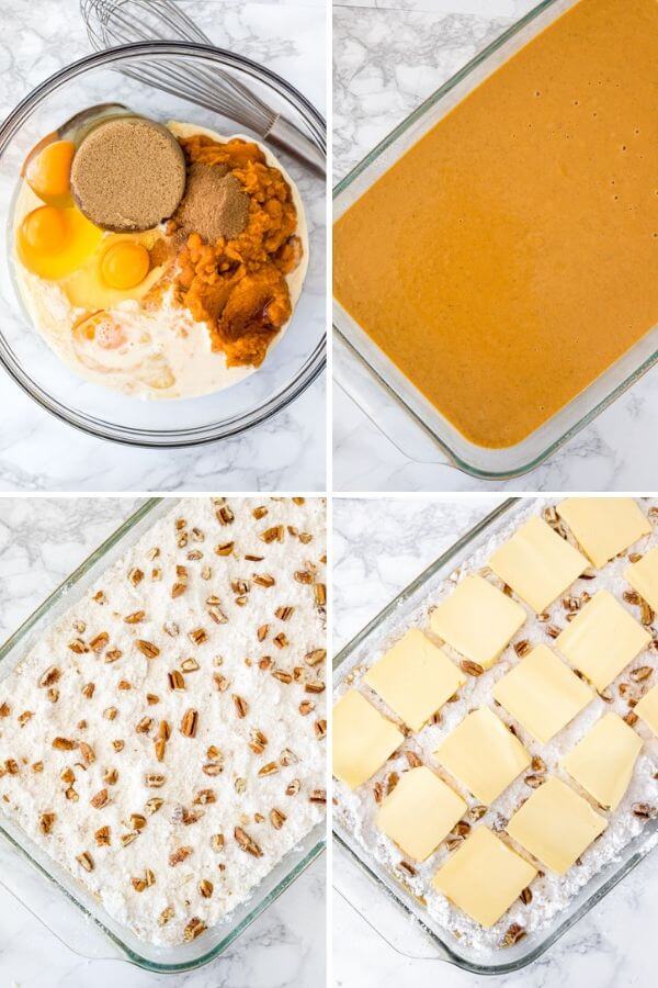 4 step by step photos showing how to make pumpkin dump cake.