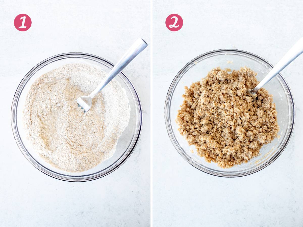 Bowl of dry ingredients whisked together, and bowl of streusel