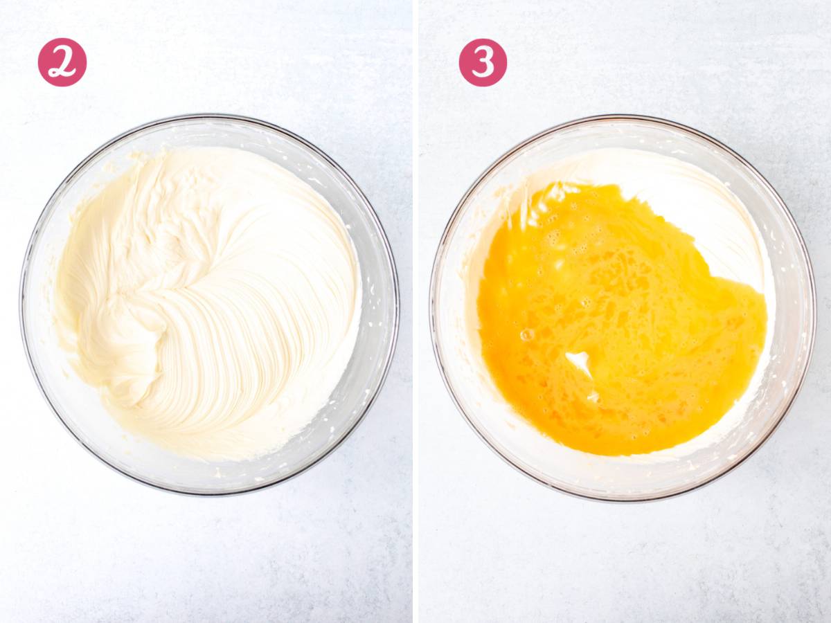 Bowl of cream cheese and sugar beaten together, and bowl of mixture with whisked eggs added in.