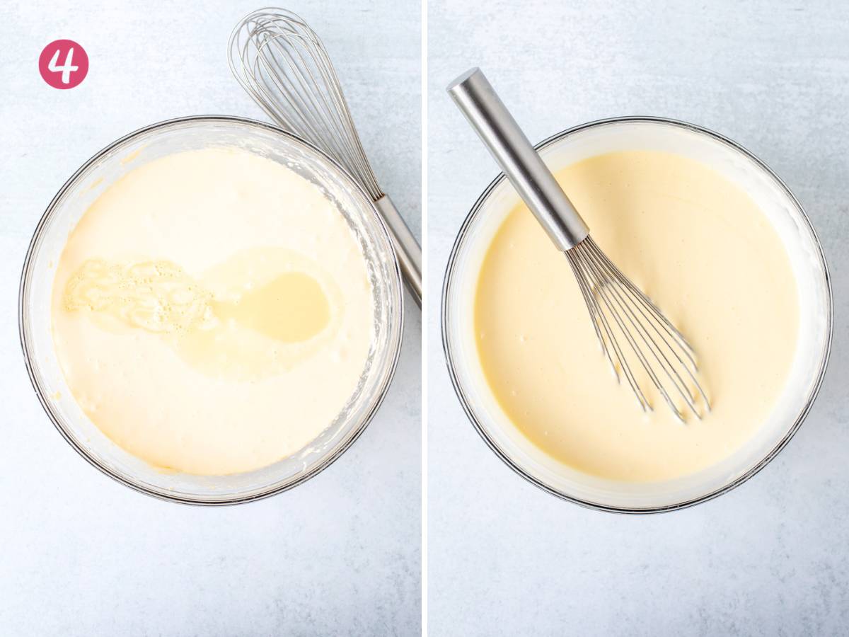 Bowl of cheesecake batter with white chocolate and cream mixture added in, and bowl of white chocolate cheesecake batter