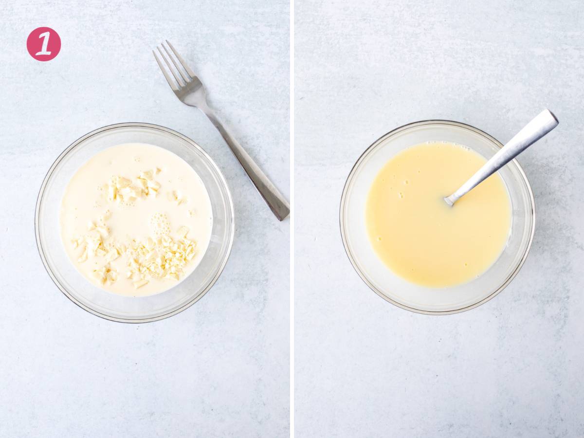 Bowl of chopped white chocolate and warm cream, and bowl of melted white chocolate and warm cream