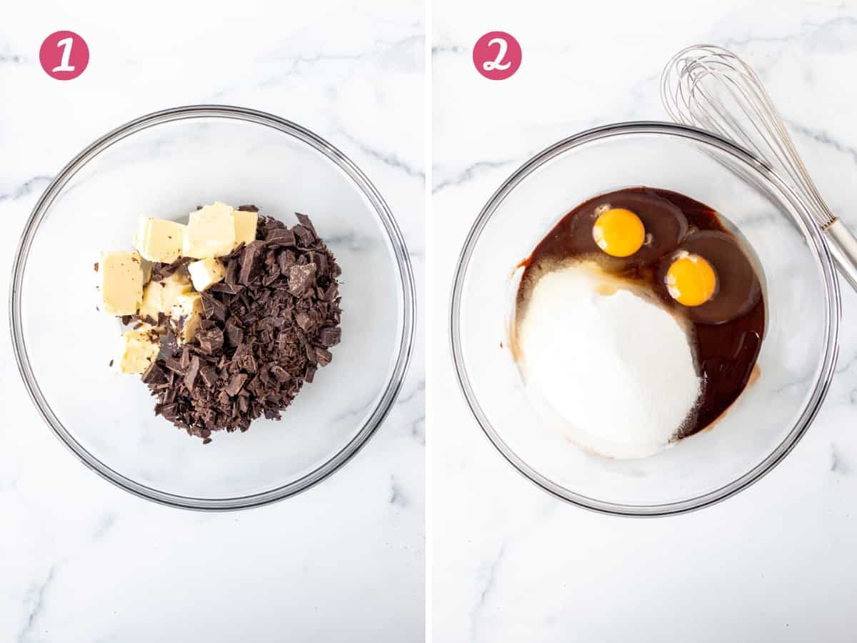 Bowl of butter and chopped chocolate and bowl of melted chocolate with sugar and eggs.