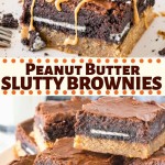 With a layer of chewy peanut butter cookie dough, Oreo cookies, and fudgy brownie batter on top - there's nothing more decadent or delicious than these peanut butter slutty brownies! #peanutbutter #sluttybrownies #peanutbuttercookie #oreos #easy #brownies #chewy #cookiebrownies #cookies #brownies #homemade #fromscratch