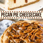 Extra creamy cheesecake with a delicious pecan pie topping, and cinnamon pecan graham cracker crust! This pecan pie cheesecake is a seriously next-level dessert! #cheesecake #fall #dessert #pecanpie #thanksgiving #recipe #easy #pecanpiecheesecake #justsotasty #best #fromscratch