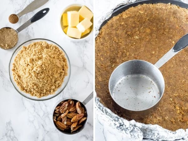 Ingredients and process for making pecan pie cheesecake crust.