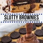 These slutty brownies are the most over-the-top dessert you'll ever try. They have a soft and chewy chocolate chip cookie base, a layer of Oreo cookies, and fudgy brownie on top! This recipe is 100% from scratch and definitely the best brownie recipe around. #sluttybrownies #homemade #fromscratch #cookiedough #brownies #oreos #best