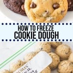 Freezing cookie dough or freshly baked cookies can be a lifesaver - especially around the holidays if you're looking to save on prep time. Learn all the tips and tricks for how to freeze cookie dough for ALL your favorite cookies - like chocolate chip, cut-out cookies, and slice-and-bake. #howto #bakingtips #baking #guides #freezingcookiedough #cookiedough #freeze #chocolatechip #doublechocolate #cookies #recipes #easy