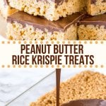 Peanut Butter Rice Krispie Treats are gooey, chewy and perfect twist on the classic Rice Krispies. Made with marshmallows, peanut butter, and a thick layer of chocolate on top! #peanutbutter #ricekrispies #ricekrispietreats #peanutbutterchocolate #nobake #marshmallows #easytreats #kids