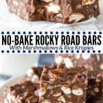 These No Bake Rocky Road Squares are the perfect easy recipe if you love peanut butter and chocolate. With only 5 ingredients - they're crispy, crunchy & gooey thanks to using Rice Krispie cereal and mini marshmallows. #nobake #rockyroadsquares #peanutbutterchocolate #rockyroad