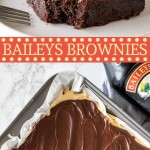These fudgy, boozy Baileys brownies are the perfect grown-up dessert. With a layer of Irish cream frosting and Irish cream ganache on top! #baileys #brownie #irishcream #christmas #adult #easy #stpatricks #holidays #dessert #recipe from Just So Tasty