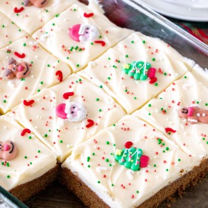 9x13 inch pan of gingerbread cookie bars cut into squares.