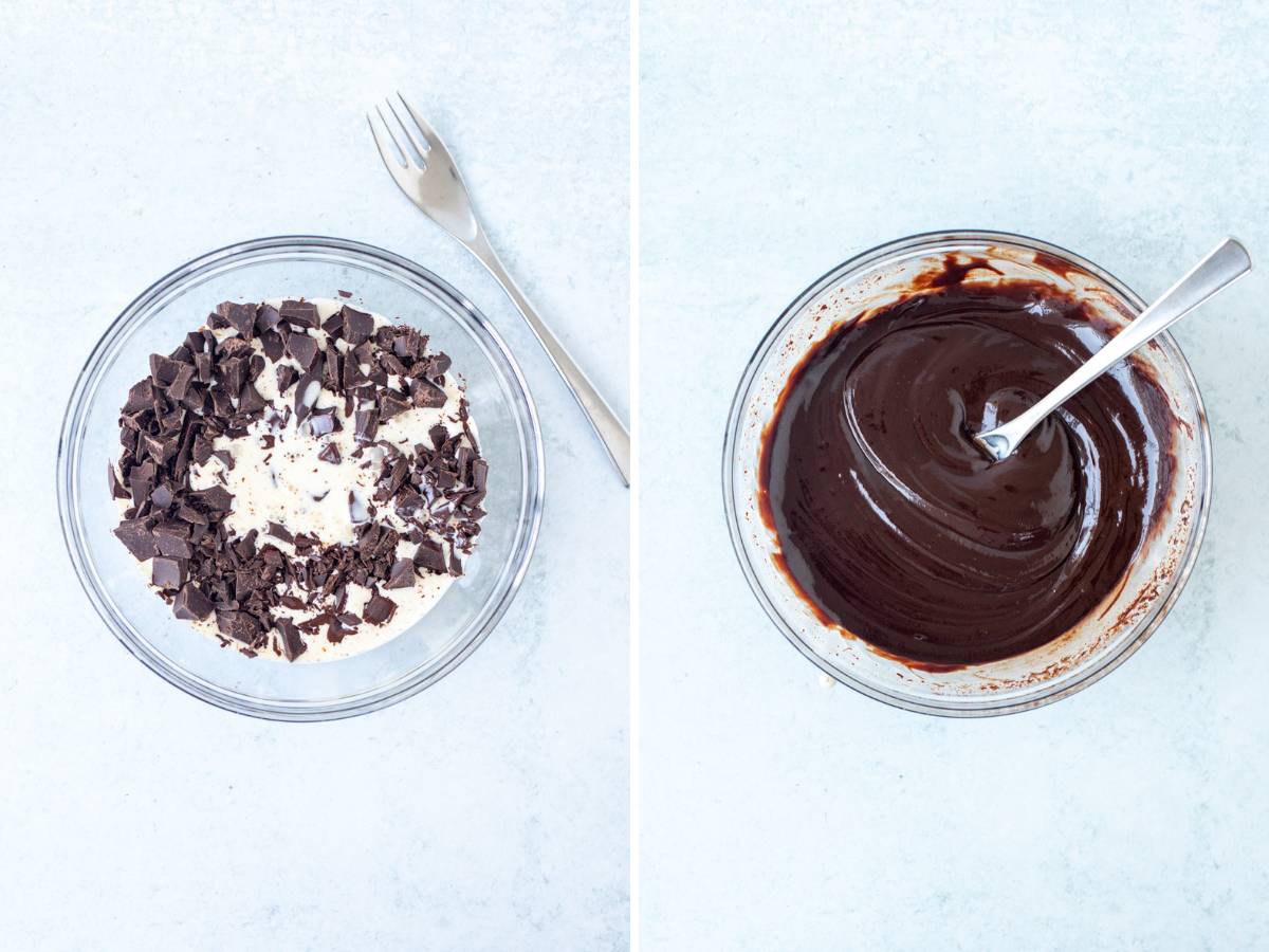 Bowl of chopped chocolate and heavy cream, and bowl of chocolate ganache