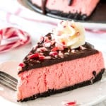 A slice of pink peppermint cheesecake with chocolate ganache and chopped candy canes on top.