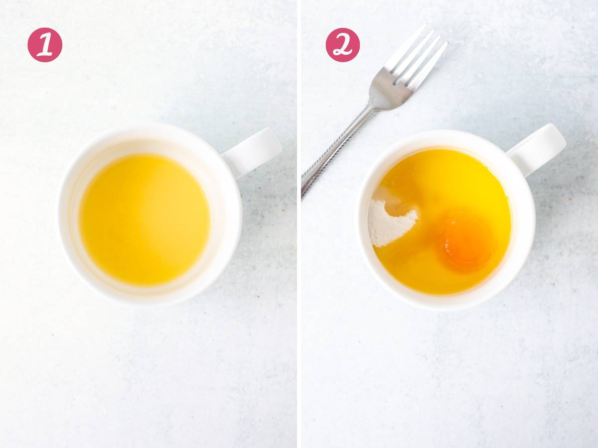 Mug with melted butter, and mug with melted butter, egg yolk, sugar, and milk