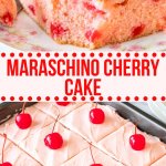 This homemade maraschino cherry cake has a moist, buttery-soft texture, beautiful pink color and delicious cherry flavor. The cake uses both chopped maraschino cherries and maraschino cherry juice, along with maraschino cherry juice in the frosting. Perfect for Valentines day and oh so pretty! #cherrycake #maraschinocherries #valentinesday #dessert #cake #easy #cherries #frosting