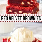 Fudgy, chewy red velvet brownies that have the most beautiful red color and are filled with white chocolate chips. They have the perfect red velvet flavor with just a hint of cocoa powder - so they're not too rich and taste incredible. #redvelvet #brownies #whitechocolatechips #brownie #recipe #fromscratch #easy #chewy #whitechocolate #valentines #best #homemade
