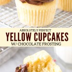 These yellow cupcakes with chocolate frosting are super moist with a buttery flavor and golden color. I love to top them with creamy milk chocolate buttercream for birthdays (or just about any occasion), but they're equally delicious with vanilla frosting too. #cupcakes #yellowcupcakes #homemade #fromscratch #easy #vanillacupcakes #vanilla #chocolate #frosting #moist from Just So Tasty