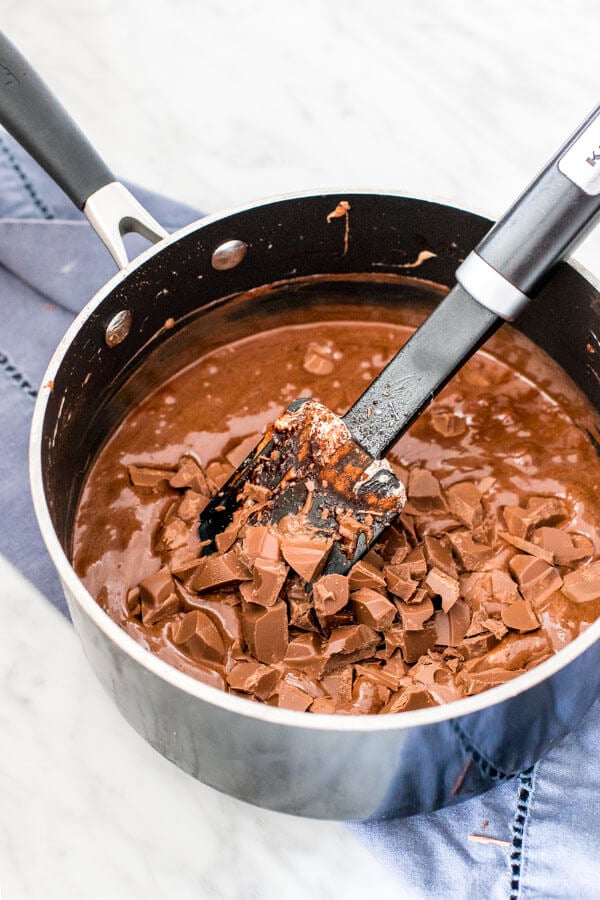 Saucepan with melted marshmallows and chocolate. 