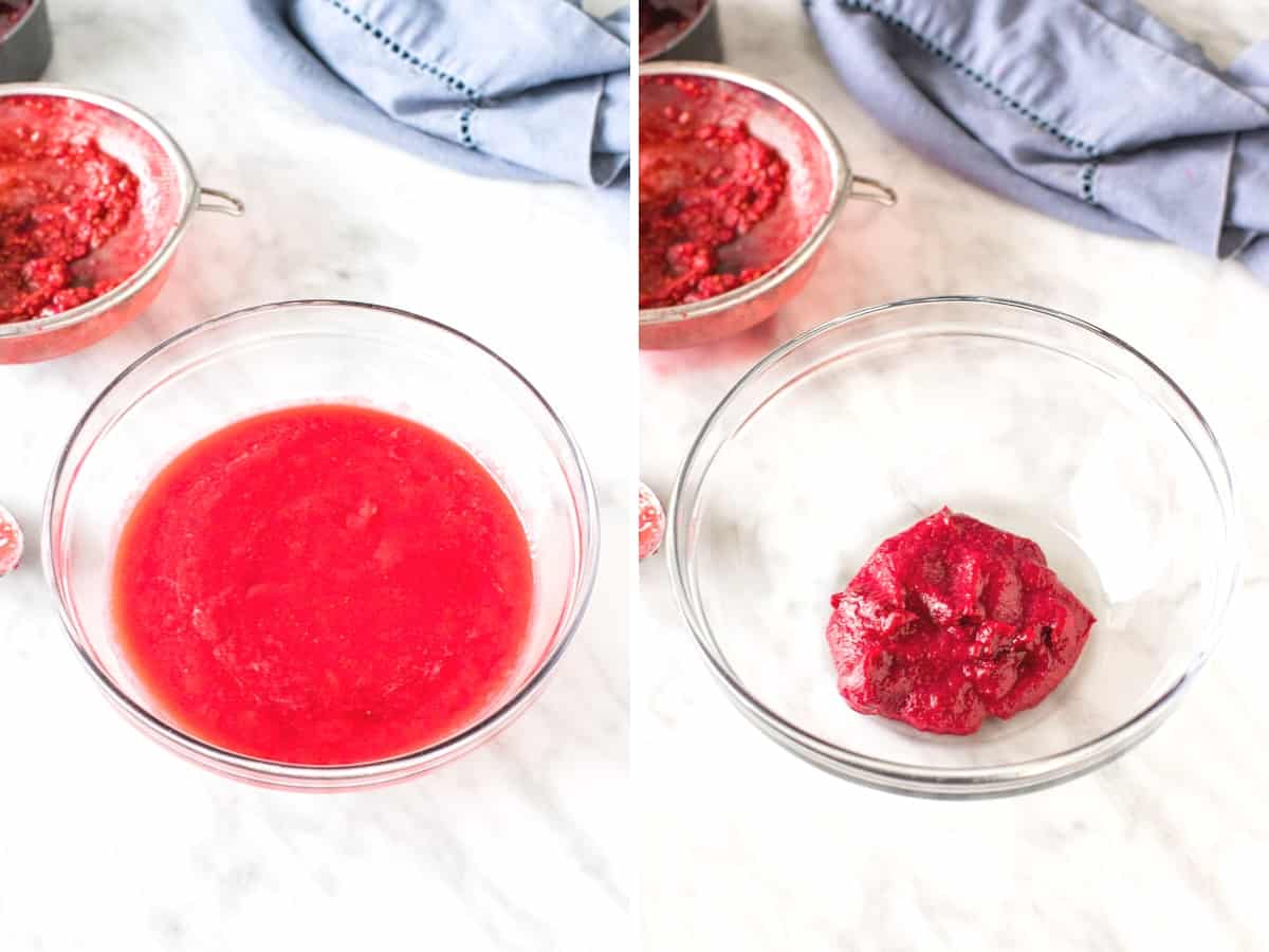 Bowl of raspberry puree and bowl of puree after being boiled down.