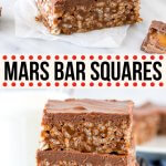 What do you get when you melt together chocolate bars and mix them with Rice Krispies? These delicious, no-bake Mars Bar Squares aka Mars Bar Slice. They're gooey, crunchy, topped with milk chocolate and absolutely addictive. #nobake #ricekrispies #ricebubbles #nobake #marsbars #chocolatebars #ricekrispies #easy #treats