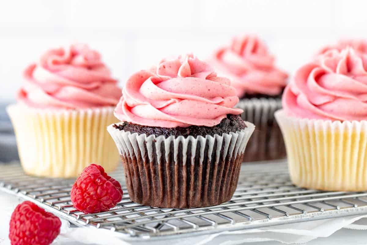 Chocolate and vanilla cupcakes with raspberry buttercream frosting on baking rack