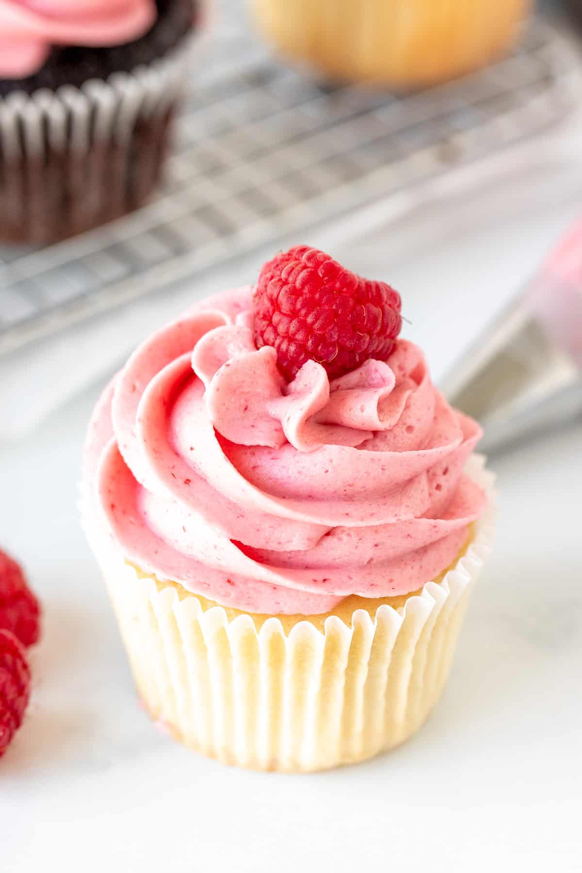 Vanilla cupcake decorated with raspberry frosting