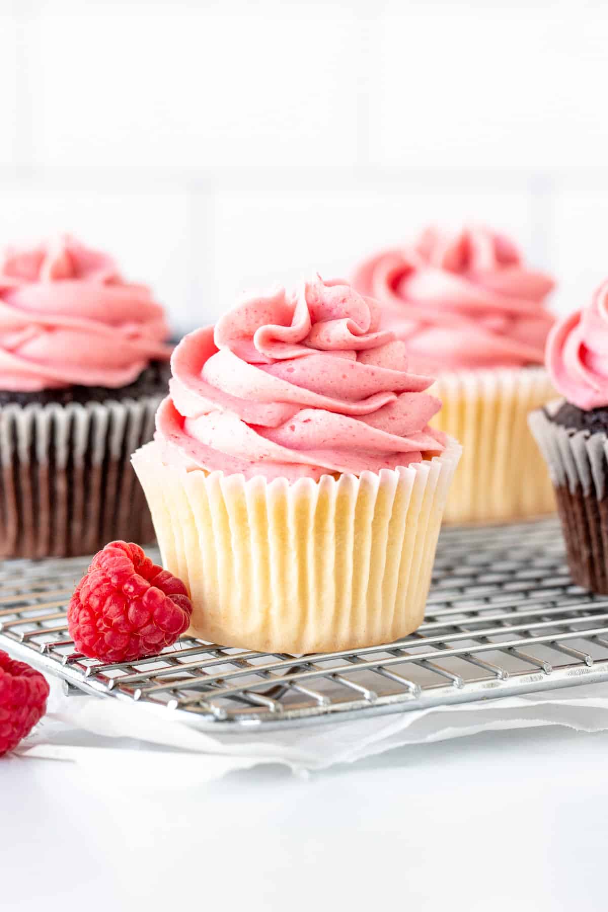 Vanilla and chocolate cupcakes decorated with raspberry frosting made from fresh berries