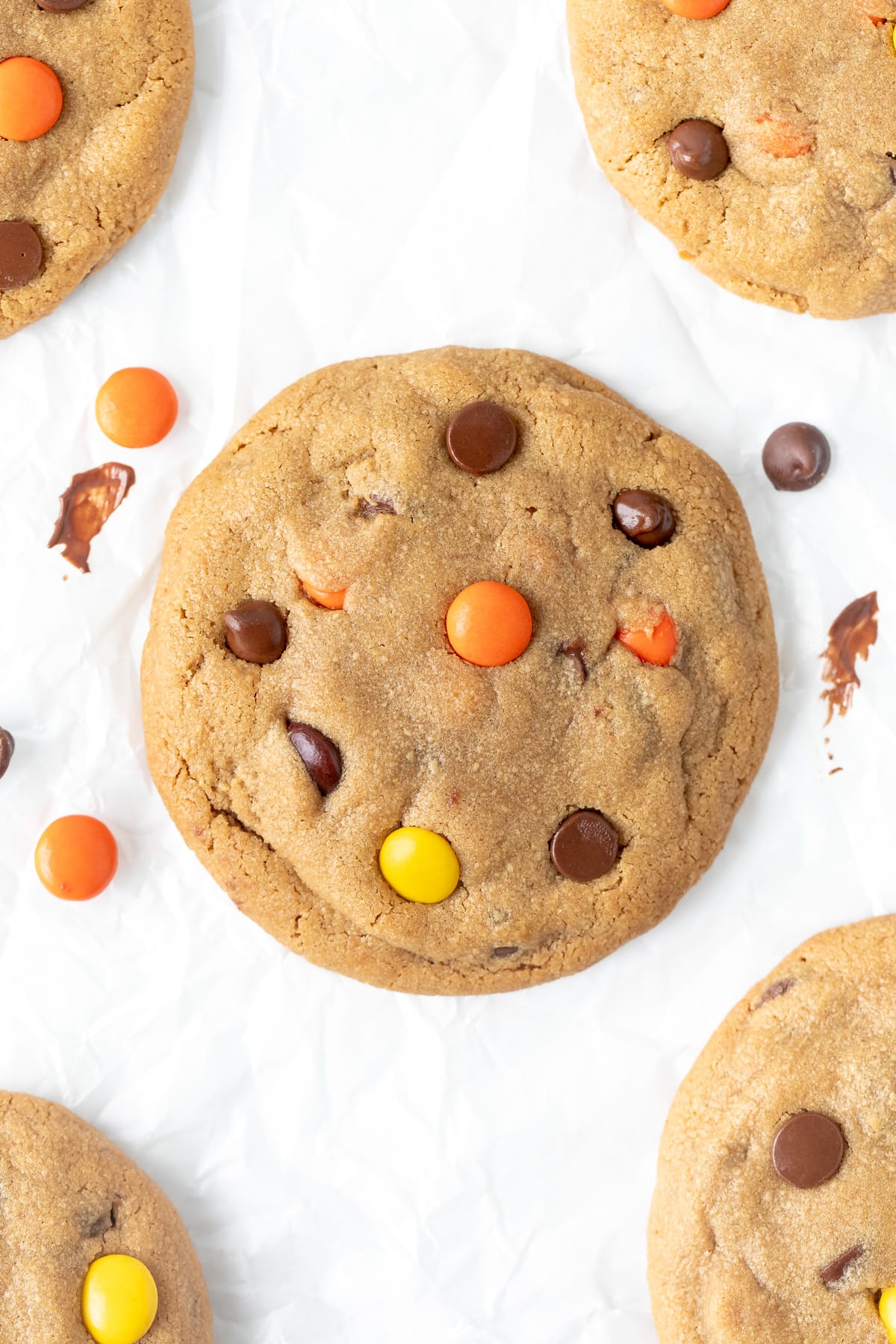Ultimate peanut butter cookie with peanut butter candies and chocolate chips