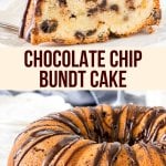 Moist, buttery chocolate chip bundt cake has a delicious vanilla flavor, tons of chocolate chips and is drizzled with chocolate ganache. The perfect combo of chocolate and vanilla in this delicious pound cake! #poundcake #bundtcake #chocolatechip #chocolateganache from Just So Tasty