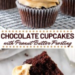 If you love chocolate and peanut butter - then these Chocolate Cupcakes with Peanut Butter Frosting are for you. They start with super moist chocolate cupcakes that have a soft cupcake crumb and rich chocolate flavor. Then they're topped with fluffy peanut butter frosting. #cupcakes #chocolate #peanutbutter #chocolatecupcakes #peanutbutterfrosting #peanutbuttercups from Just So Tasty