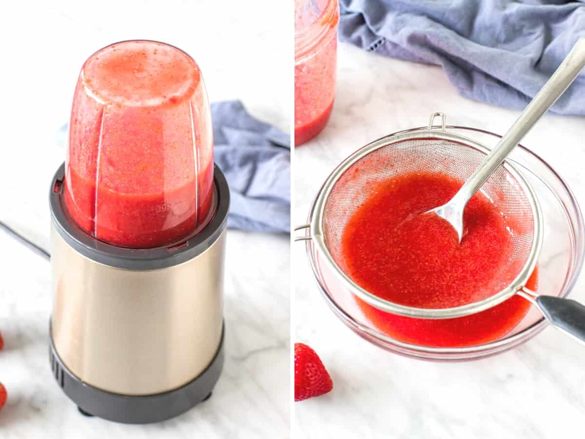 Strawberry puree in blender and puree poured through metal sifter over glass bowl