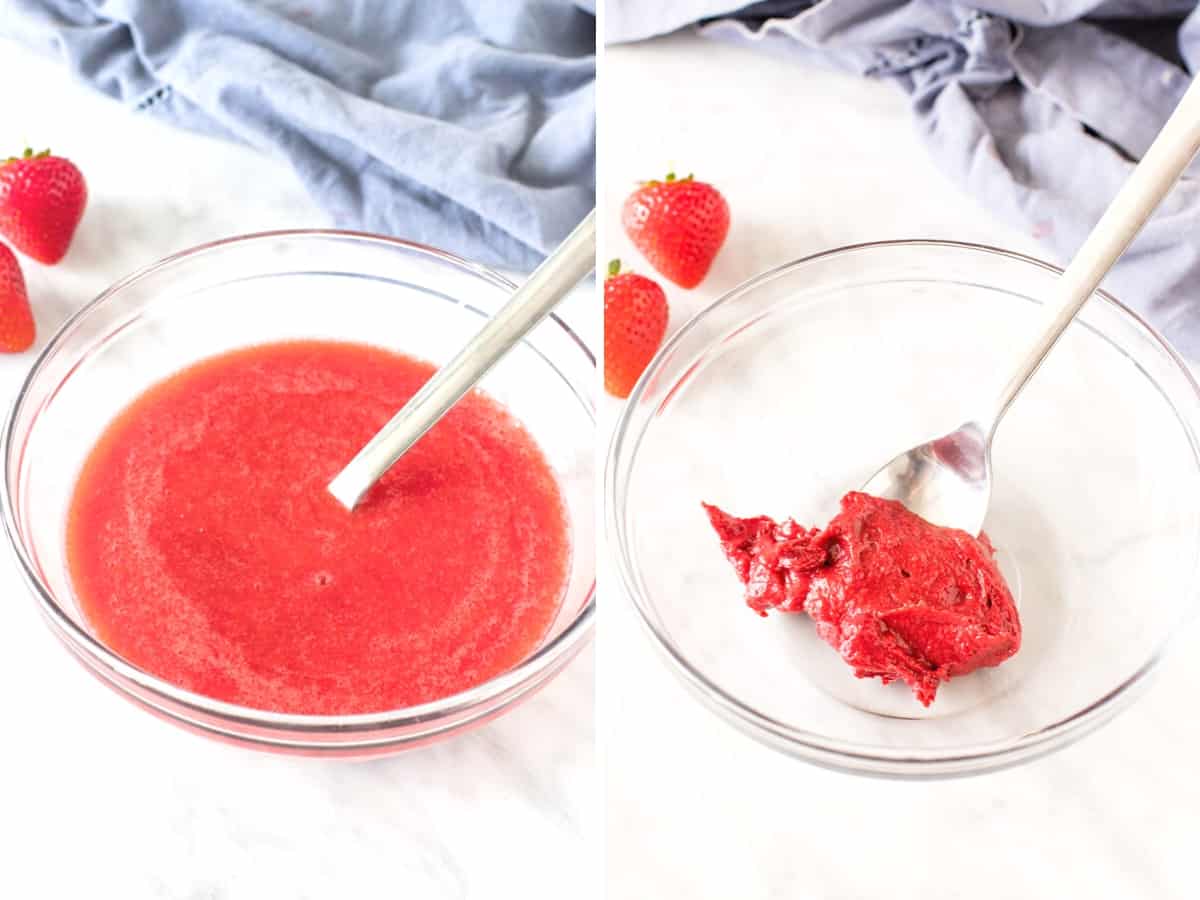 Bowl of strawberry puree and bowl of reduced strawberry puree
