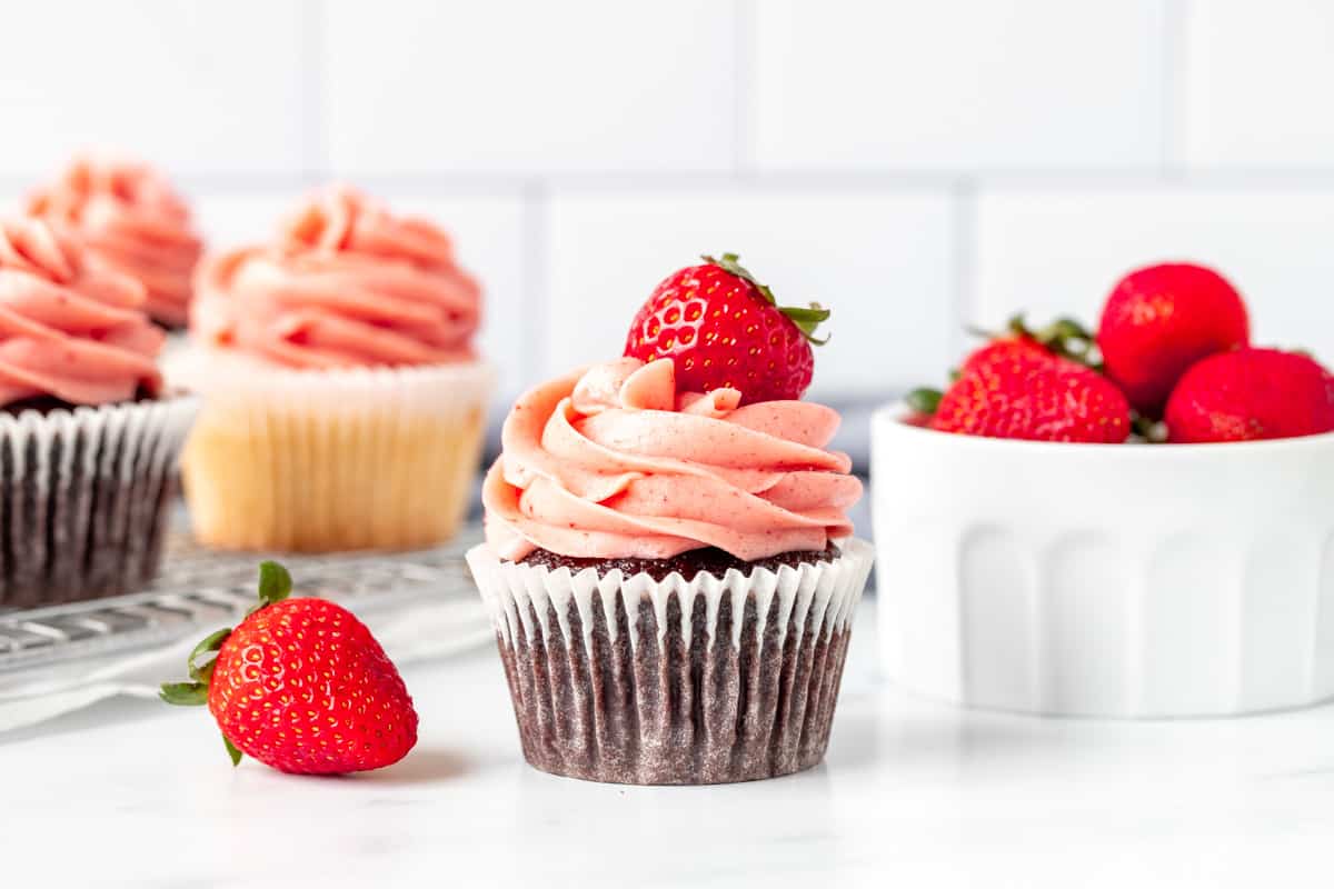 Chocolate cupcake with strawberry frosting
