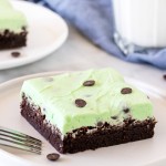 Brownie topped with mint chip frosting on a plate with a glass of milk.