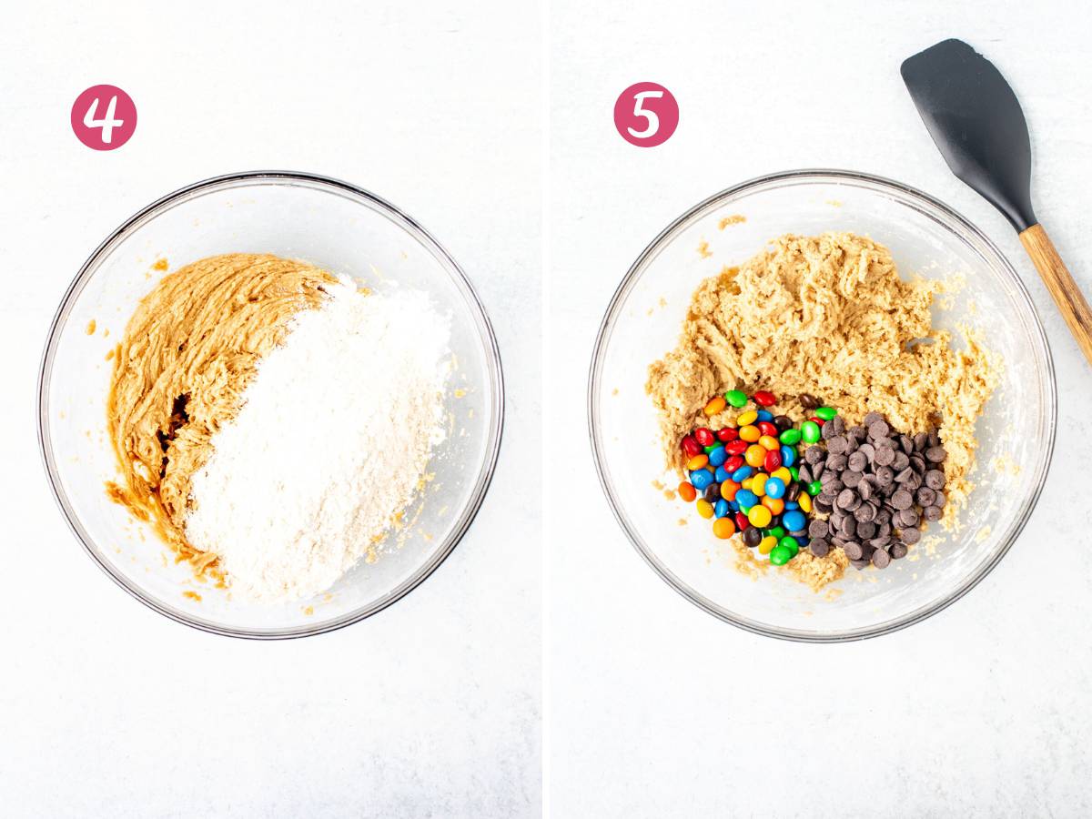 Dry ingredients added into a bowl of cookie dough, and bowl of cookie dough with M&Ms and chocolate chips