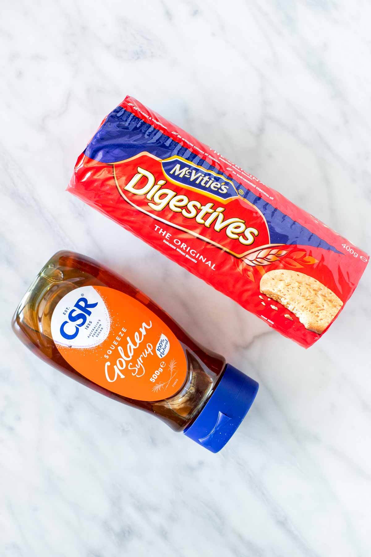 Digestive biscuits and golden syrup for making chocolate biscuit cake. 
