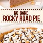 Chocolate, peanuts and marshmallows make this rocky road pie irresistible. With a creamy filling that's completely no-bake, it's the perfect take on rocky road! #rockyroad #pie #cheesecake #easy #nobake #recipe #nobakepie #summer #dessert #marshmallow #chocolate from Just So Tasty