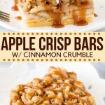 The perfect dessert for apple season - these apple crisp bars have a shortbread crust, cinnamon apples, and oatmeal crumble on top. Delicious with a drizzle of caramel sauce or scoop of ice cream. #applecrisp #applecrumble #bar #applecrispbar #apples #bar #cinnamonapples #caramel #fall from Just So Tasty