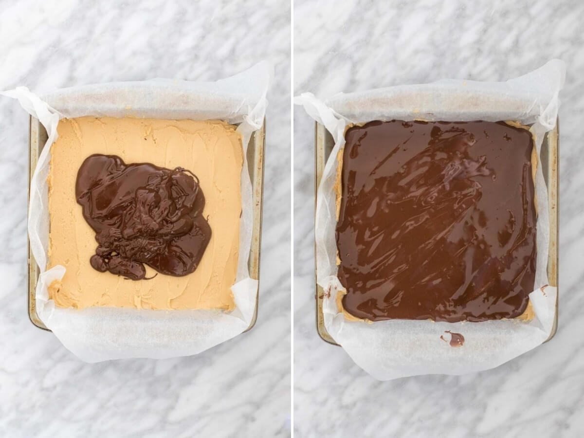 Adding chocolate topping to shortbread peanut butter bars - collage of 2 photos. 