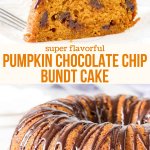 Moist pumpkin cake that's dotted with chocolate chips and drizzled with chocolate ganache - pumpkin chocolate chip cake is fall favorite. You'll love the soft cake crumb, hint of chocolate, and how easy it comes together. #pumpkin #chocolatechip #bundtcake #easy #fall #pumpkin #dessert #cake #treats #recipe from Just So Tasty