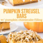 These delicious pumpkin streusel bars have a cinnamon graham cracker crust, creamy pumpkin cheesecake filling, and brown sugar streusel on top. They're a little different than classic pumpkin pie - and even more delicious if you ask me. #pumpkin #bars #streusel #cheesecake #fall #baking #treat #dessert #pumpkinstreuselbar from Just So Tasty