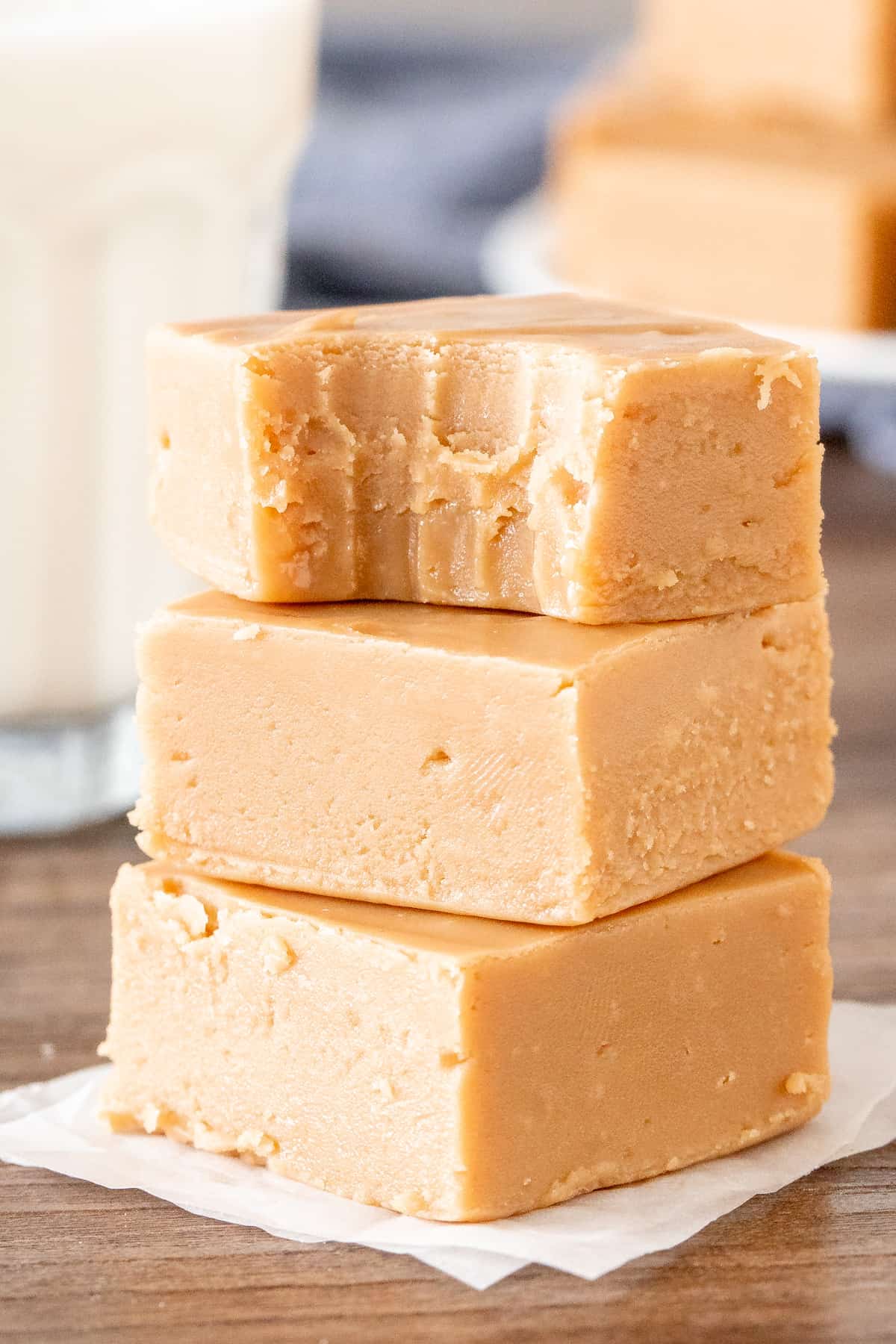 3 pieces of caramel fudge, stacked on top of each other