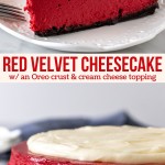 Collage of 2 photos of red velvet cheesecake