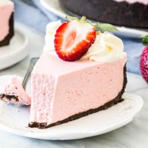 Slice of no-bake strawberry cheesecake