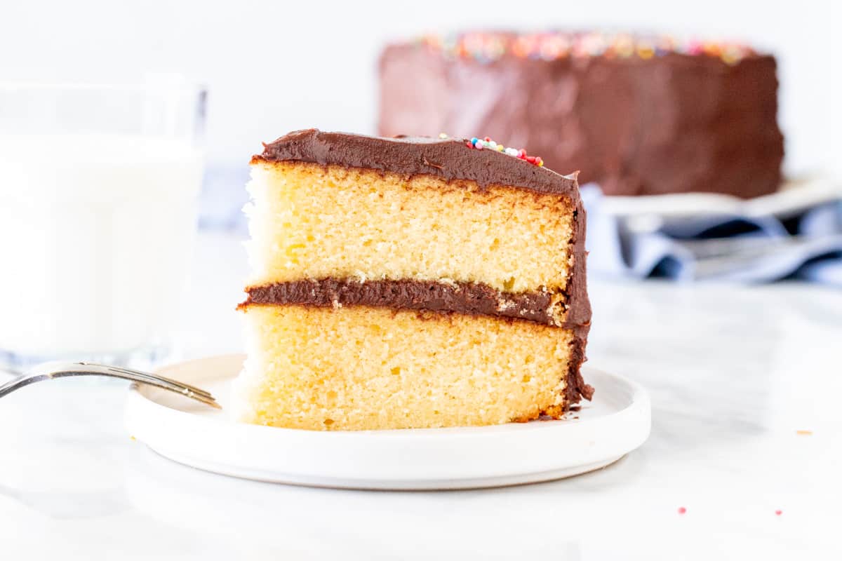 Slice of yellow cake with chocolate frosting