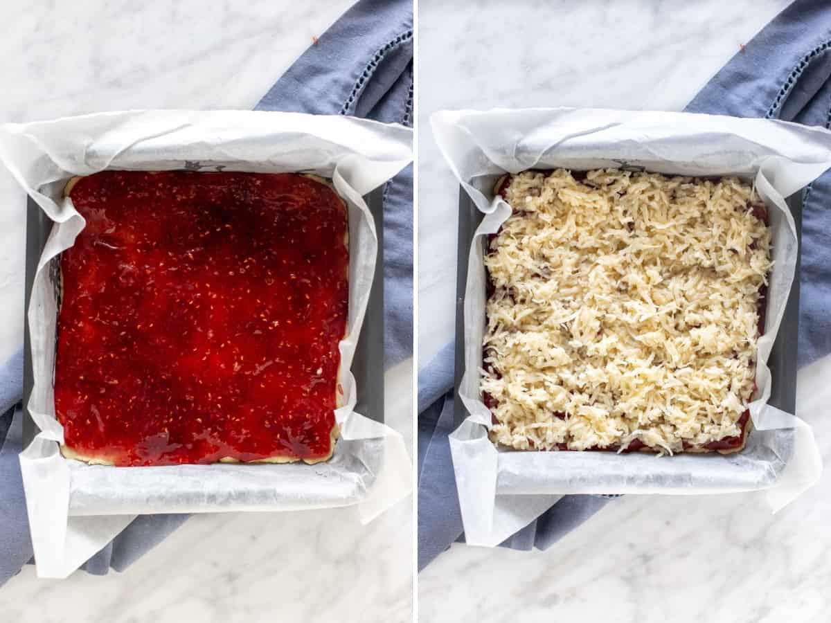 Collage of 2 photos of making raspberry coconut bars.