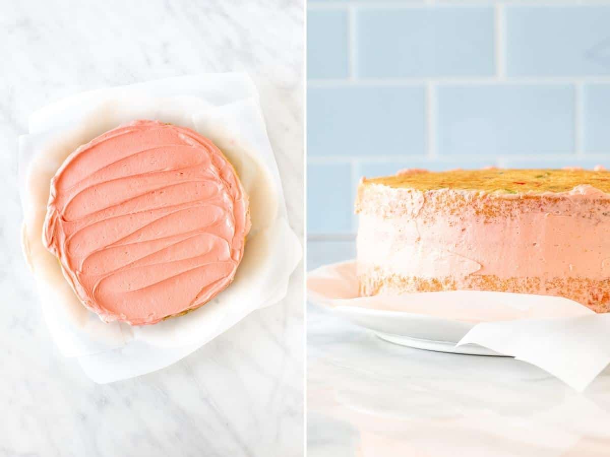 2 photos showing how to frost a layer cake