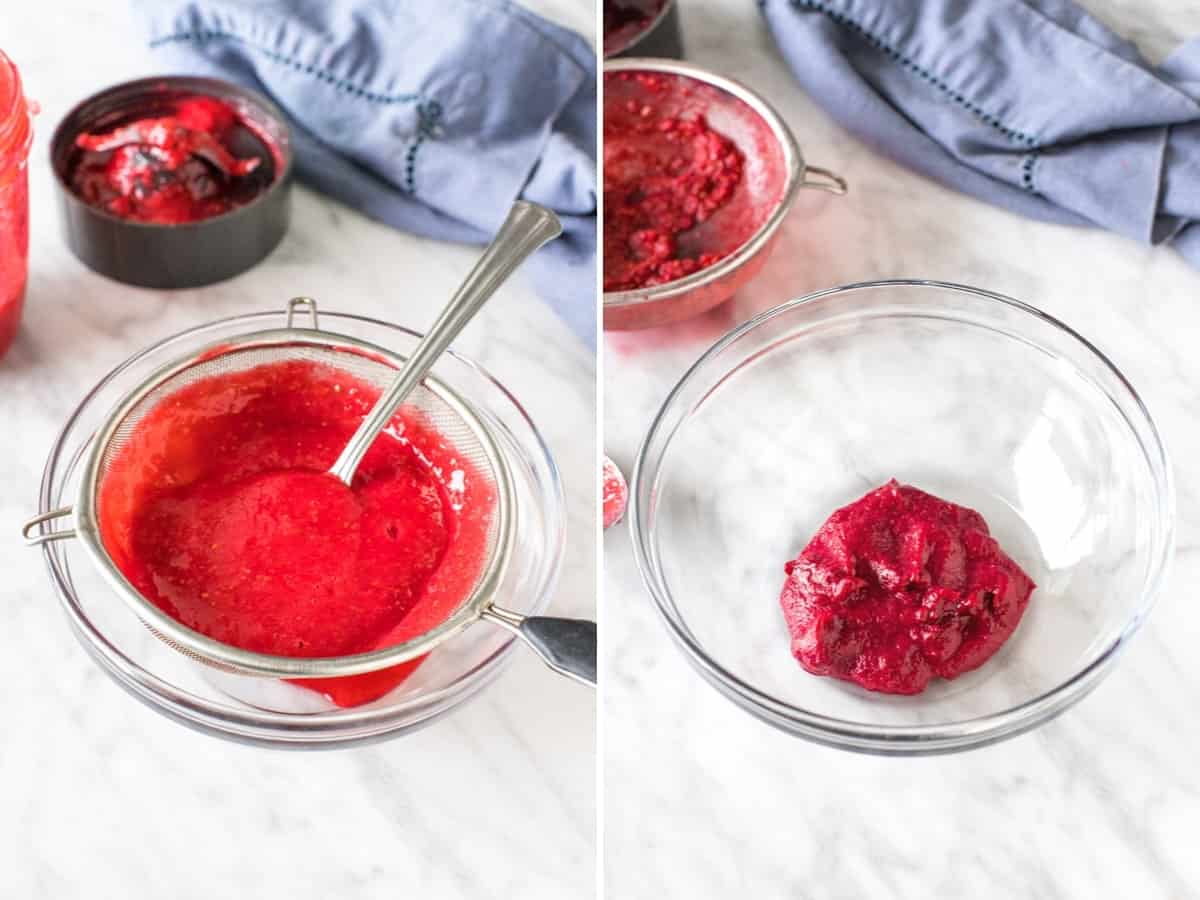 2 photos of raspberry puree.