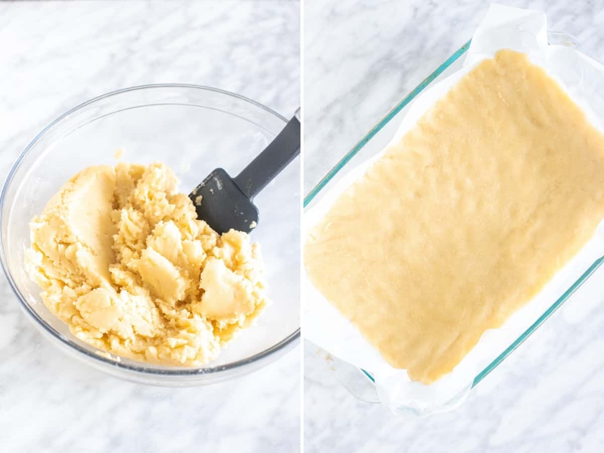 2 step process of making shortbread crust.
