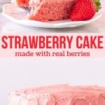 This homemade strawberry cake has layers of tender, bright pink cake and creamy strawberry frosting. Both the cake batter and the buttercream are infused with strawberry puree - making this cake absolutely beautiful and bursting with fresh strawberry flavor. #strawberry #cake #layercake #strawberryfrosting #pink #strabwerrybuttercream #cake #spring #recipe #babyshower #bridalshower from Just So Tasty